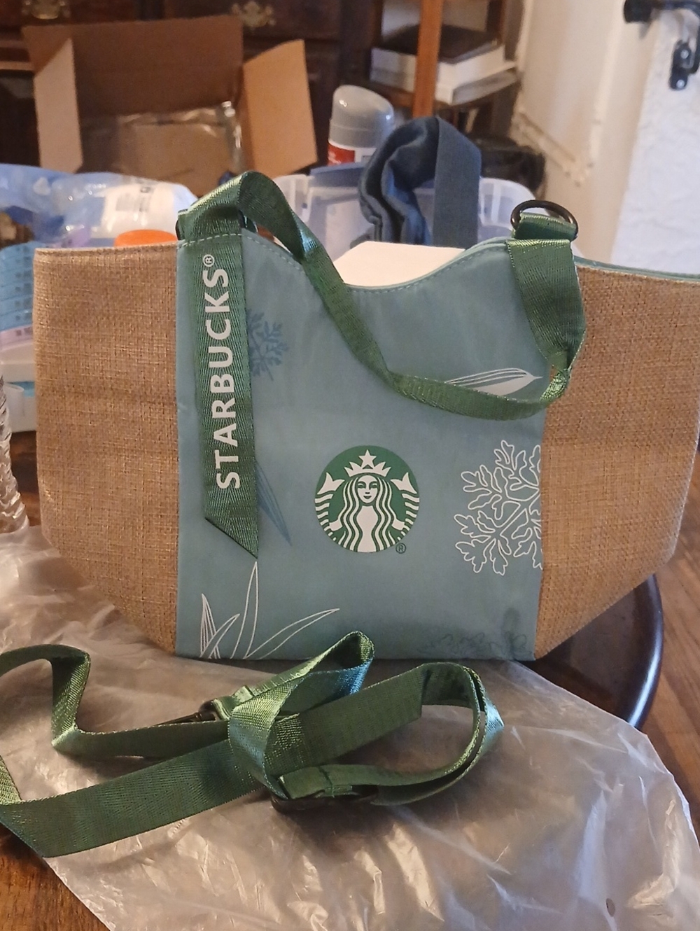 Starbucks Green and Natural Jute Tote with Logo